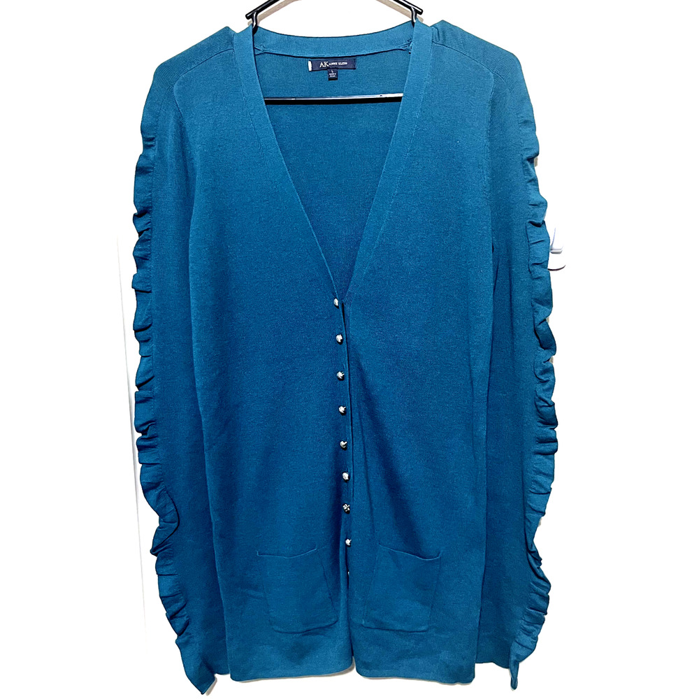 Anne Klein Cardigan Teal Green women's L Ruffle Sleeves button front long length